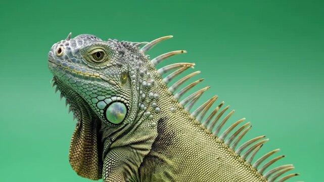 A close up portrait of a green iguana against a vibrant solid green background
