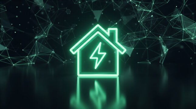 Glowing green house icon with lightning bolt symbol on a dark background with digital plexus network nodes 3d render