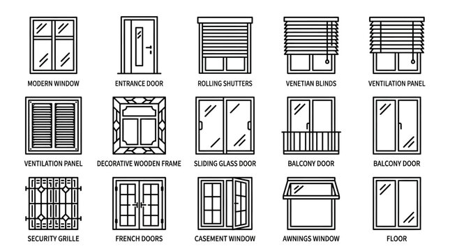 Set of various window and door types icons in outline style on isolated white background
