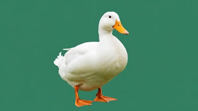 A single white duck standing gracefully against a solid green background