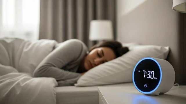 A young woman sleeping peacefully in bed with a digital alarm clock nearby