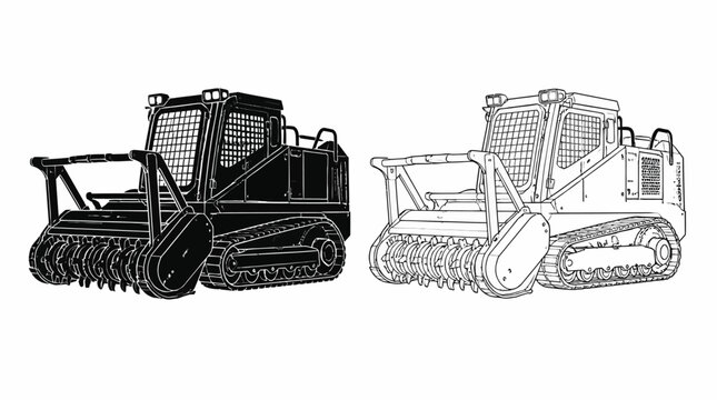 Skid steer forestry mulcher vector illustration, industrial machinery
