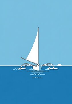 Minimalist Vector Illustration of a Traditional Outrigger Sailboat on a Calm Blue Ocean at Sunset or Sunrise
