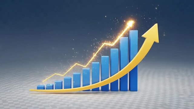 A 3d bar chart showing financial growth with a glowing rising yellow arrow