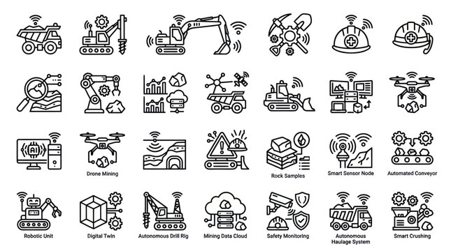 Autonomous mining and construction technology line icon set.