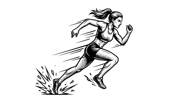 Female Running Athlete Halftone Comic Style Sports Vector Illustration on White