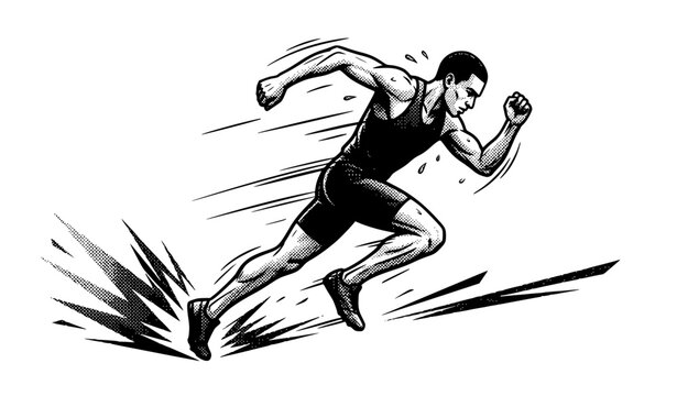 Halftone Running Athlete Vintage Comic Sports Vector Illustration Isolated on White Background