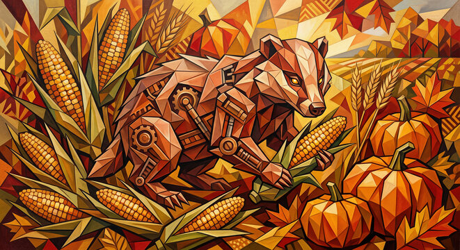Mechanical badger harvesting corn in autumn field. Geometric steampunk wildlife character surrounded by pumpkin and golden leaf. Artistic fall season decoration for harvest festival.
