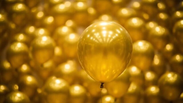 A single golden balloon standing out among a sea of blurred golden balloons