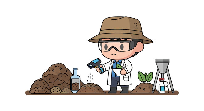 Cute chibi male agronomist in lab coat and hat testing soil quality using digital sensor equipment near dirt piles and seedlings, flat vector illustration on white background.