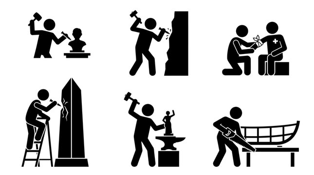 Silhouette icons of artisans sculpting statues, chiseling stone, carving wood, and crafting structures with tools, ladders, and teamwork