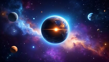 Fototapeta premium Dark Glowing Planet Surrounded by Colorful Cosmic Nebula