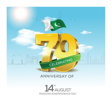 14 August Pakistan independence day. 79 numeric 3d letter with Quaid-e-Azam Tomb, Minar e Pakistan and boy running and holding Pakistan flag in hands on sky background.