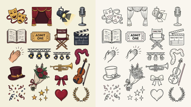 Collection of theatre and cinema icons in color and black and white, representing performance and entertainment.