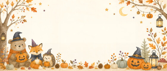 Fototapeta premium ハロウィンを楽しむ森の動物たちの水彩フレームイラスト
