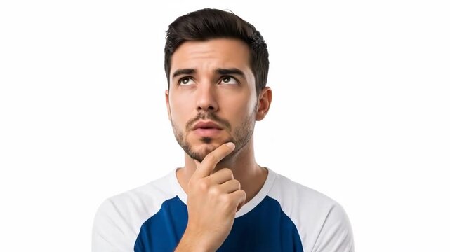 A young man with dark hair looking up while thoughtfully touching his chin