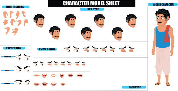 Indian Village Poor Laborer Farmer Sprite Sheet | Rigged 2D Character with Lip Sync, Walk Cycle, Eye Blink, Eyebrow Expressions, and Hand Sync | Ready-to-Use for Animation