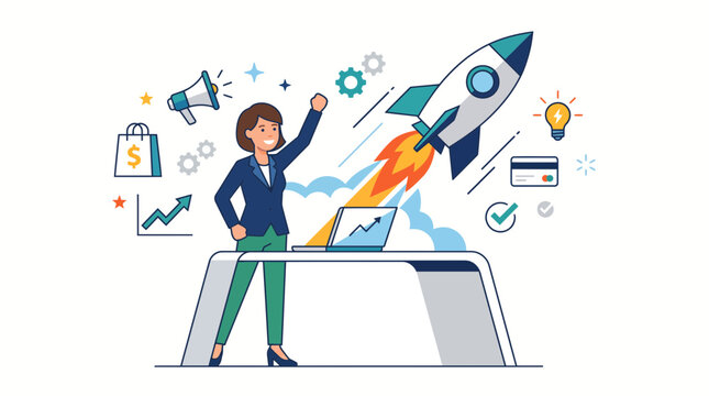 Entrepreneur launching an online business with marketing, shopping and startup growth elements. Flat design corporate vector illustration for e-commerce and innovation.