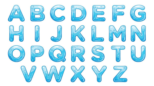 Glossy blue water alphabet set, 26 liquid bubble font letters, shiny ice texture typography vector for summer pool party and beverage branding