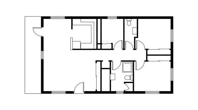 Architectural black and white floor plan showing a detailed house layout with multiple rooms on an isolated white background.