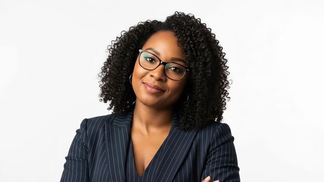 Professional portrait of a confident woman in a pinstripe blazer suit