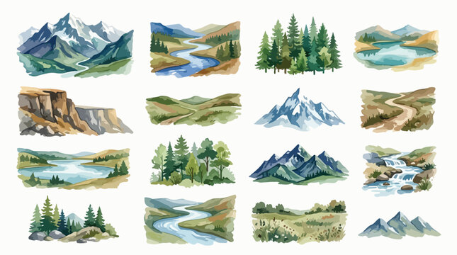 Watercolor mountain landscape collection, 16 nature scenery vector elements, hand painted wilderness illustrations with pine forests and rivers