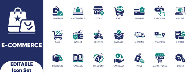 Naklejka premium E-commerce icon set. store, online shopping, retail, payment, e-commerce, checkout, cart, illustration, and solid icons.