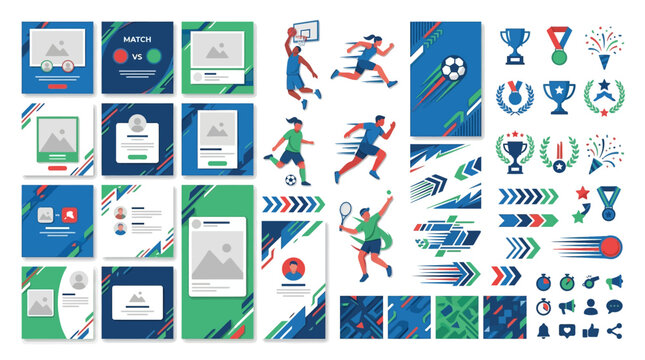Sports social media post template and athletic graphic element bundle with active character illustrations