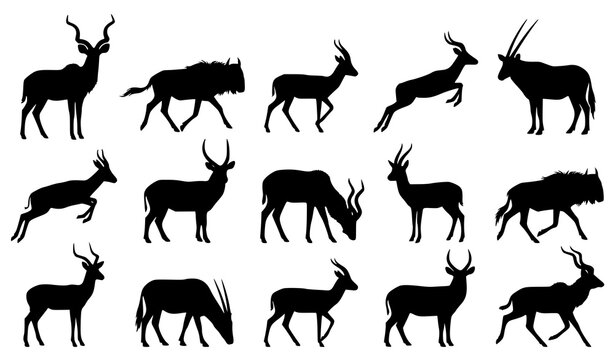 African Safari Antelope Silhouette Set with Gazelle Impala and Oryx Wildlife Vectors