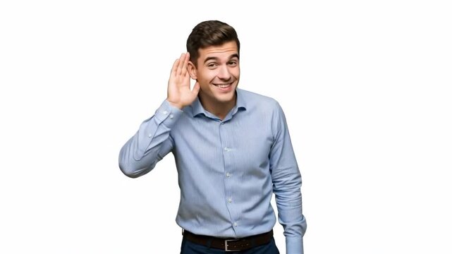 A handsome man in a blue shirt holds his hand to his ear to listen closely