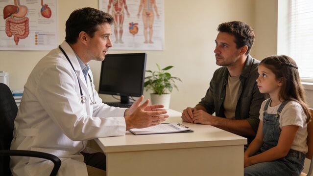 Experienced gastroenterologist discussing digestive health with father and daughter in bright healthcare clinic.