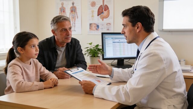 Gastroenterologist consulting man and his daughter in clinic