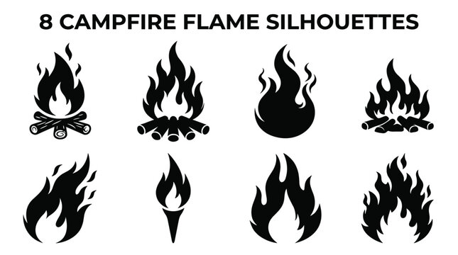 Campfire flame silhouette collection for outdoor camping logos adventure designs and modern wood fire branding layouts