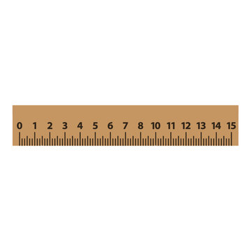 Isolated wooden ruler with black markings and numbers from 0 to 15 centimeters on a white background, school supply, measurement tool