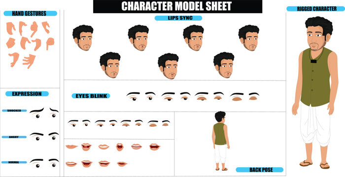 Indian Village Young Man Laborer Sprite Sheet | Rigged 2D Character with Lip Sync, Walk Cycle, Eye Blink, Eyebrow Expressions, and Hand Sync | Ready-to-Use for Animation