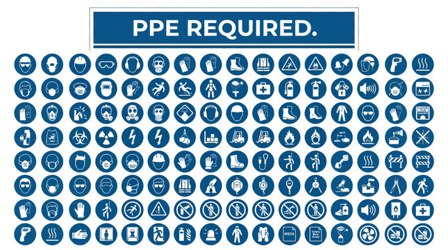 Set of blue circular safety icons showing mandatory personal protective equipment for industrial workplace site requirements