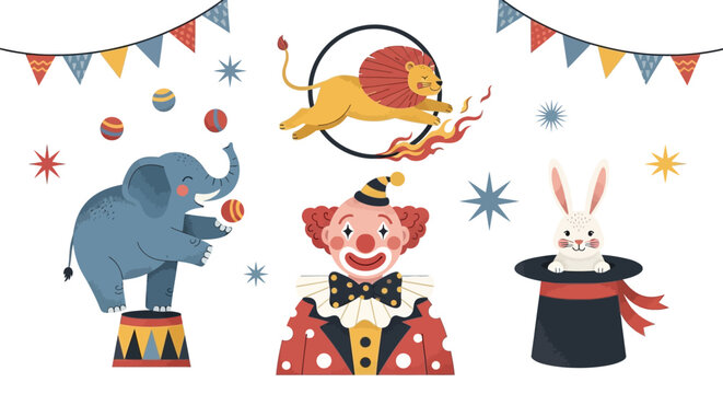 Colorful circus characters set with lion and elephant.