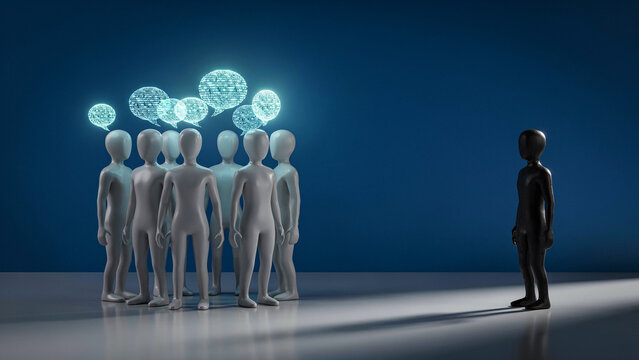 3D render representing social exclusion and groupthink with a lone figure separated from a crowd