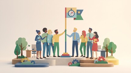 Fototapeta premium Diverse group of people raising flag together