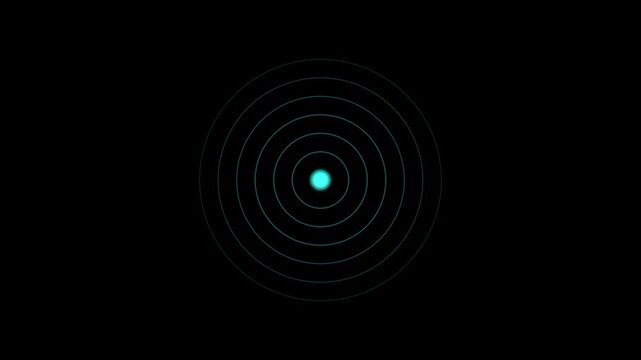 Concentric circles of glowing electric blue light radiate outwards from a dark center against a stark black background creating a hypnotic visual effect suggestive of sound waves energy pulses or a