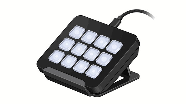 Vector illustration of a programmable macro keypad with twelve buttons for streaming and production control on a desktop stand