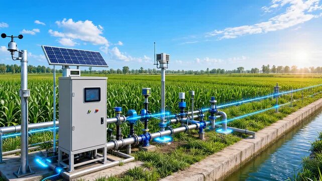 Solar powered irrigation system manages water flow in a green farmland