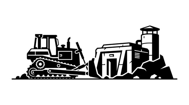 Bulldozer clearing rubble and debris near a building and tower