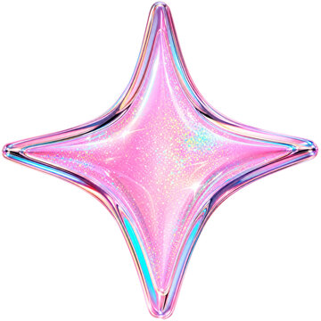 3D rendered luxury holographic pink sparkle star with metallic liquid chrome edges, isolated on white background, Y2K aesthetic design element