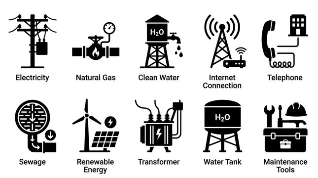 Utility and Infrastructure Black Silhouette Icons Set, isolated white background