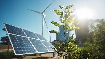Fototapeta premium Solar panels and wind turbine with young plant representing clean renewable energy