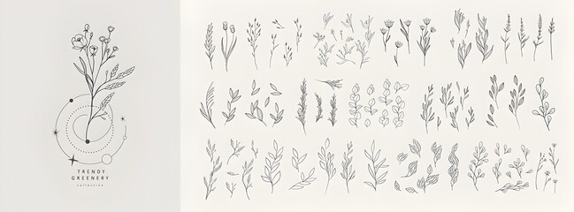 Obraz premium Minimalist floral collection with botanical elements isolated on a soft neutral background for elegant stationery and wedding design.