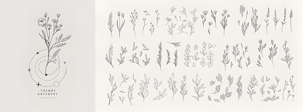 Floral line art botanical drawing collection featuring various wild meadow plants isolated on a soft beige background for stationery.