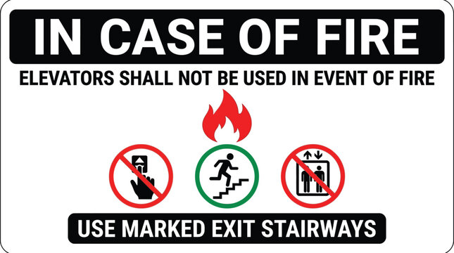 Rectangular safety sign featuring bold text and icons instructing people to use stairs during emergencies