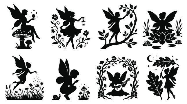 Fairy silhouette set featuring mystical woodland spirits with magic wings for fairytale storybook and fantasy designs